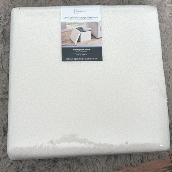 Mainstays Collapsible Storage Ottoman, Cream Plush Boucle, 15" x 15" x 15"