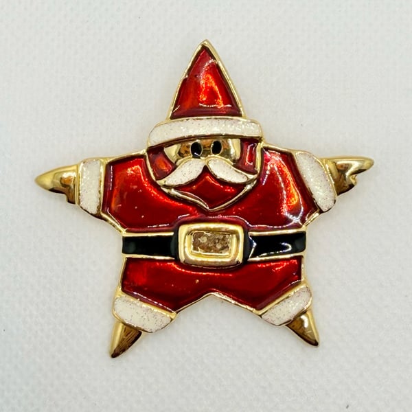 Vintage Enamel Christmas Santa Claus Star Brooch Pin