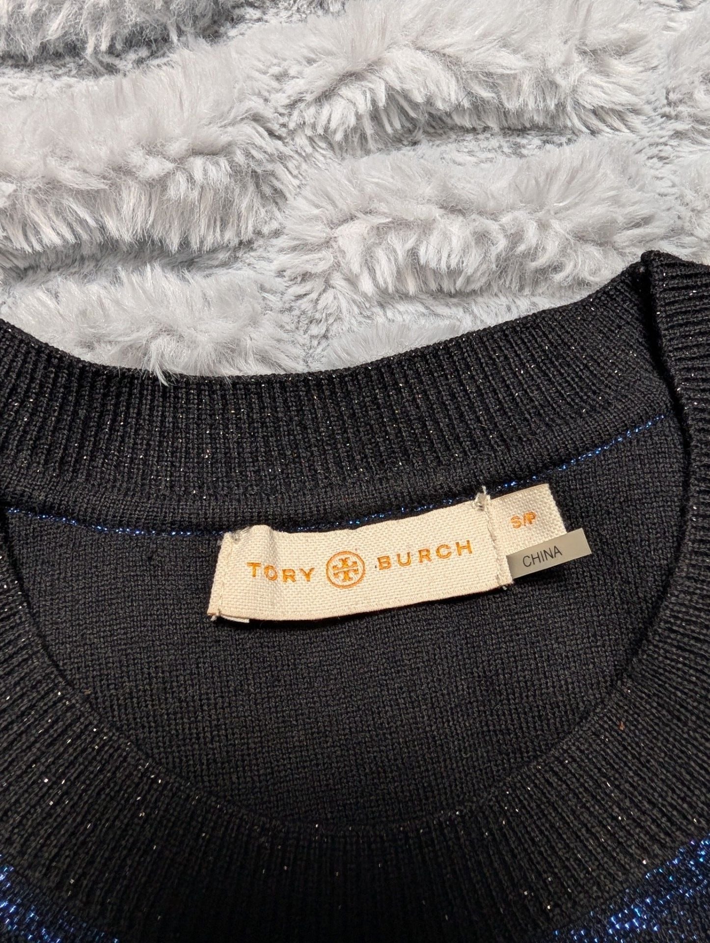 Tory Burch Navy and Black Sparkly Metallic Crewneck Sweater 3