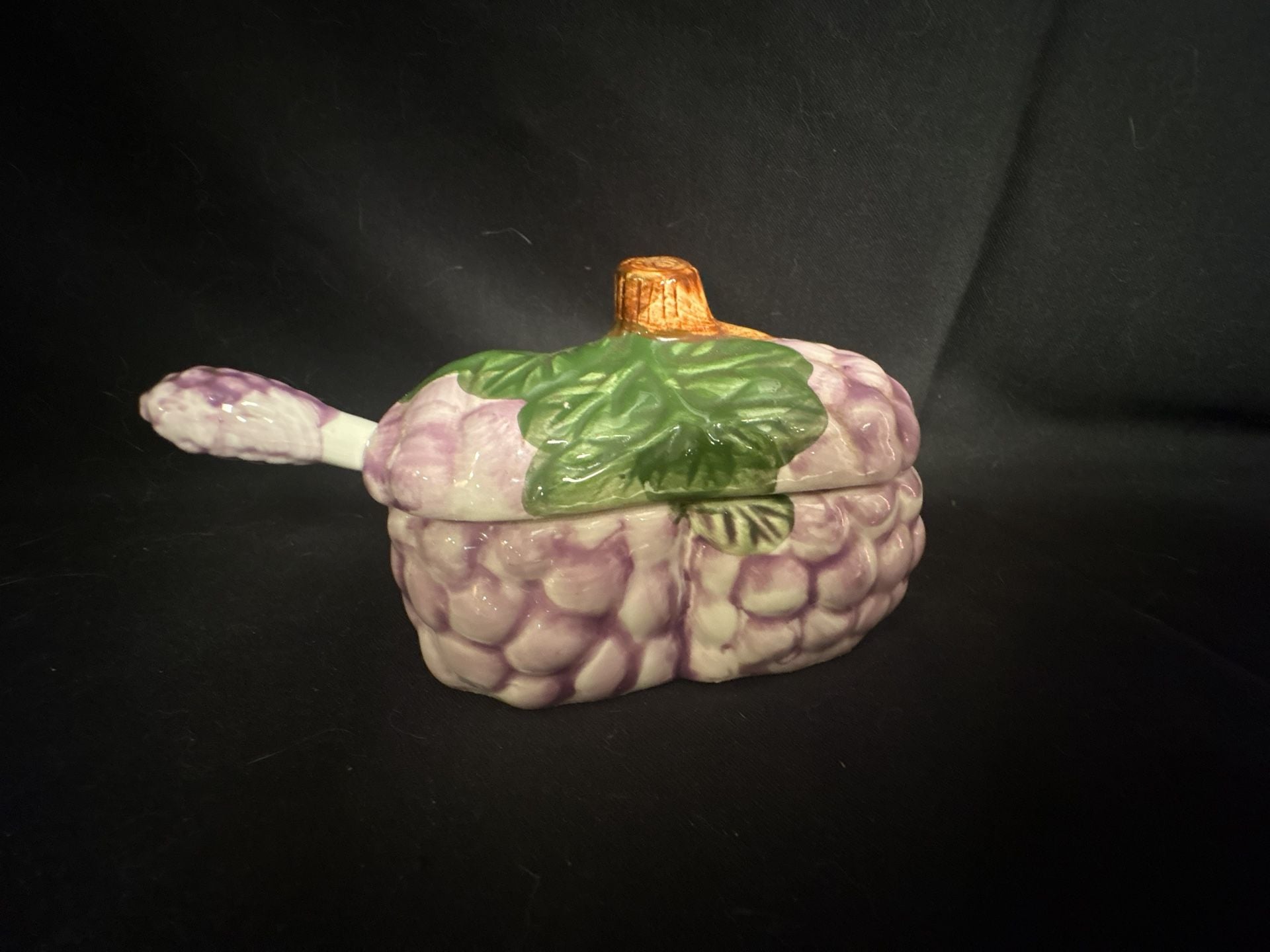Vintage Ceramic Purple Grape Cluster Lidded Condiment Jar with Spoon 1