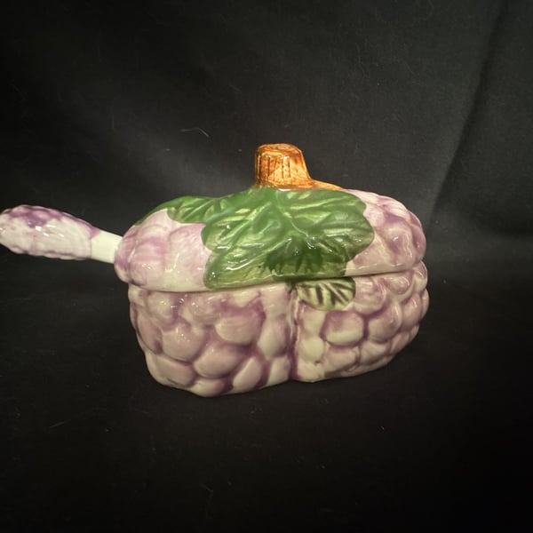 Vintage Ceramic Purple Grape Cluster Lidded Condiment Jar with Spoon