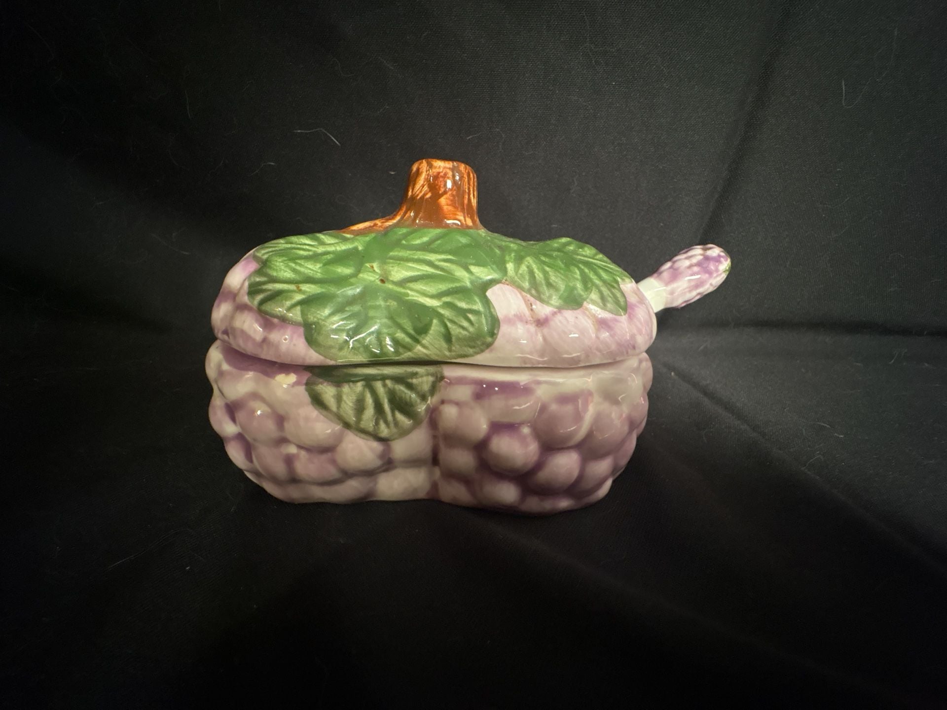 Vintage Ceramic Purple Grape Cluster Lidded Condiment Jar with Spoon 2
