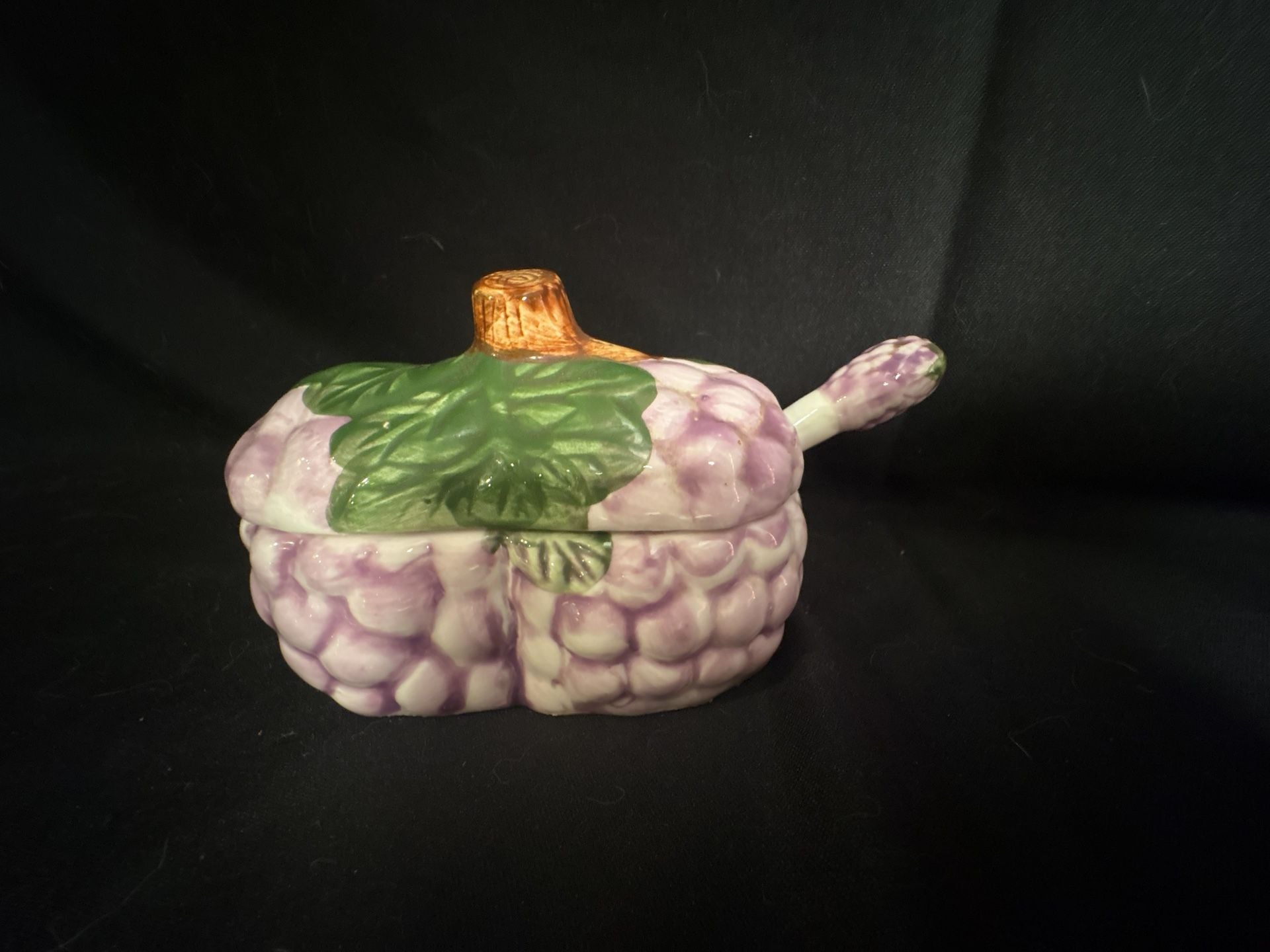 Vintage Ceramic Purple Grape Cluster Lidded Condiment Jar with Spoon 5