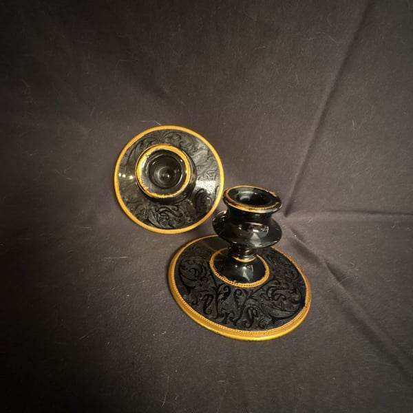 Vintage Fostoria Ebony Black Glass Candlestick Holders with Gold Details