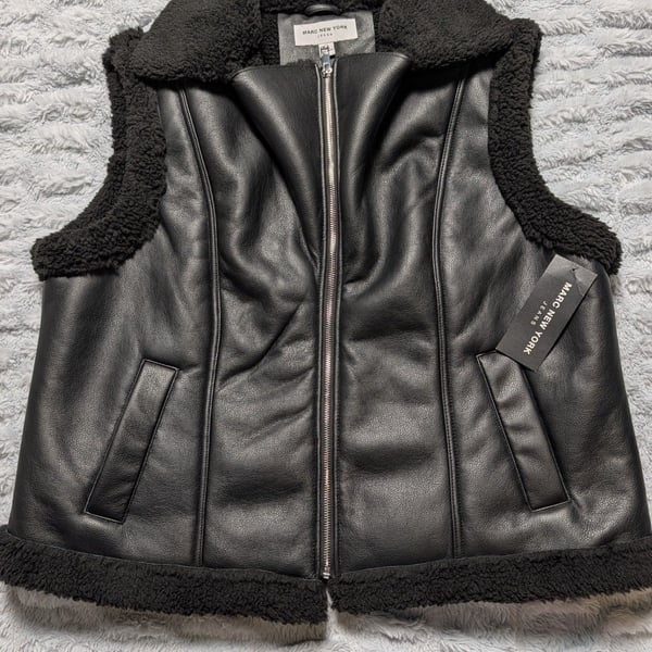 Marc New York Black Faux Leather Sherpa Collar Vest