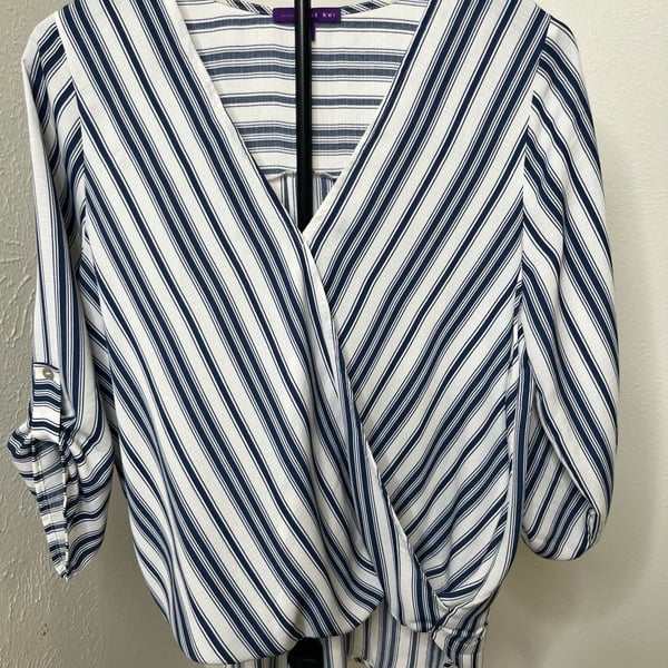 Blue & White Striped Blouse Coastal Preppy Nautical Lightweight Casual Top