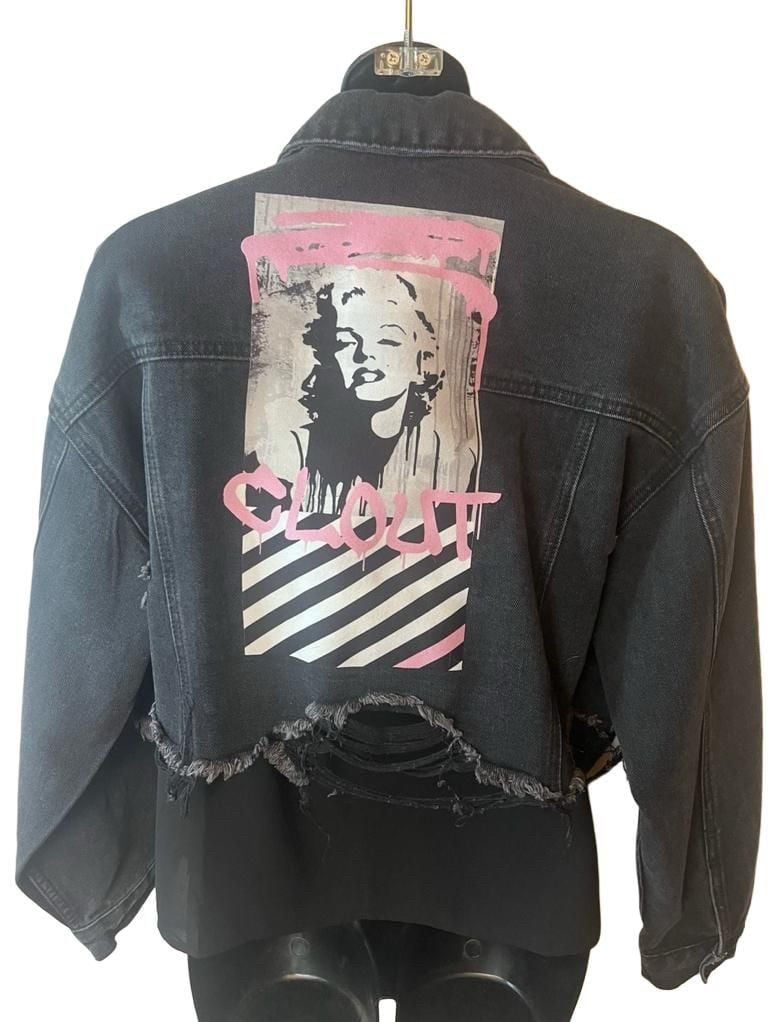 Trio Urban Black Distressed Crop Denim Jacket Marilyn Monroe graffiti Text S/M 2