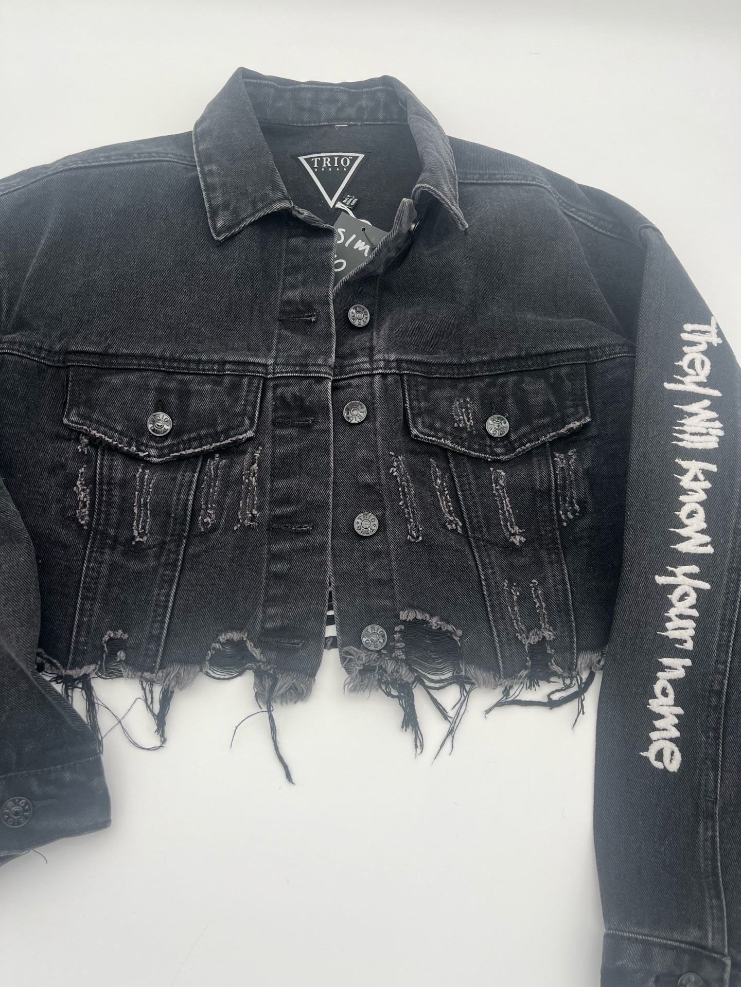 Trio Urban Black Distressed Crop Denim Jacket Marilyn Monroe graffiti Text S/M 7