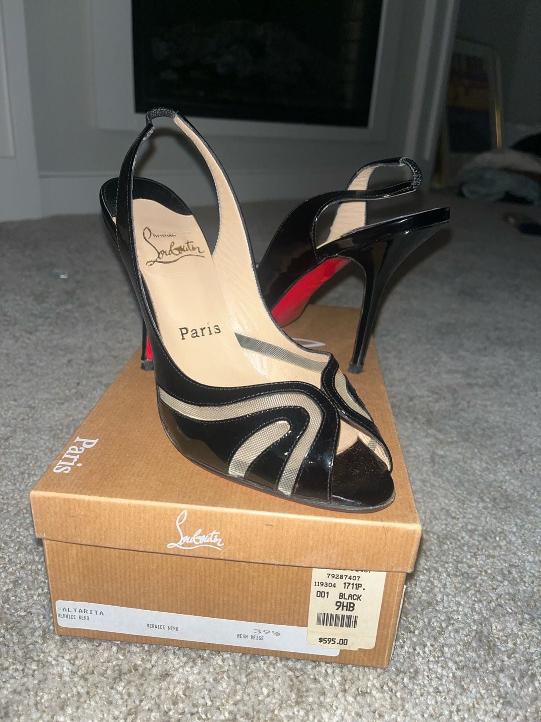 Christian Louboutin Altarita Vernice Nero Black Patent Leather Slingback Peep-Toe Pumps Size 39.5 2