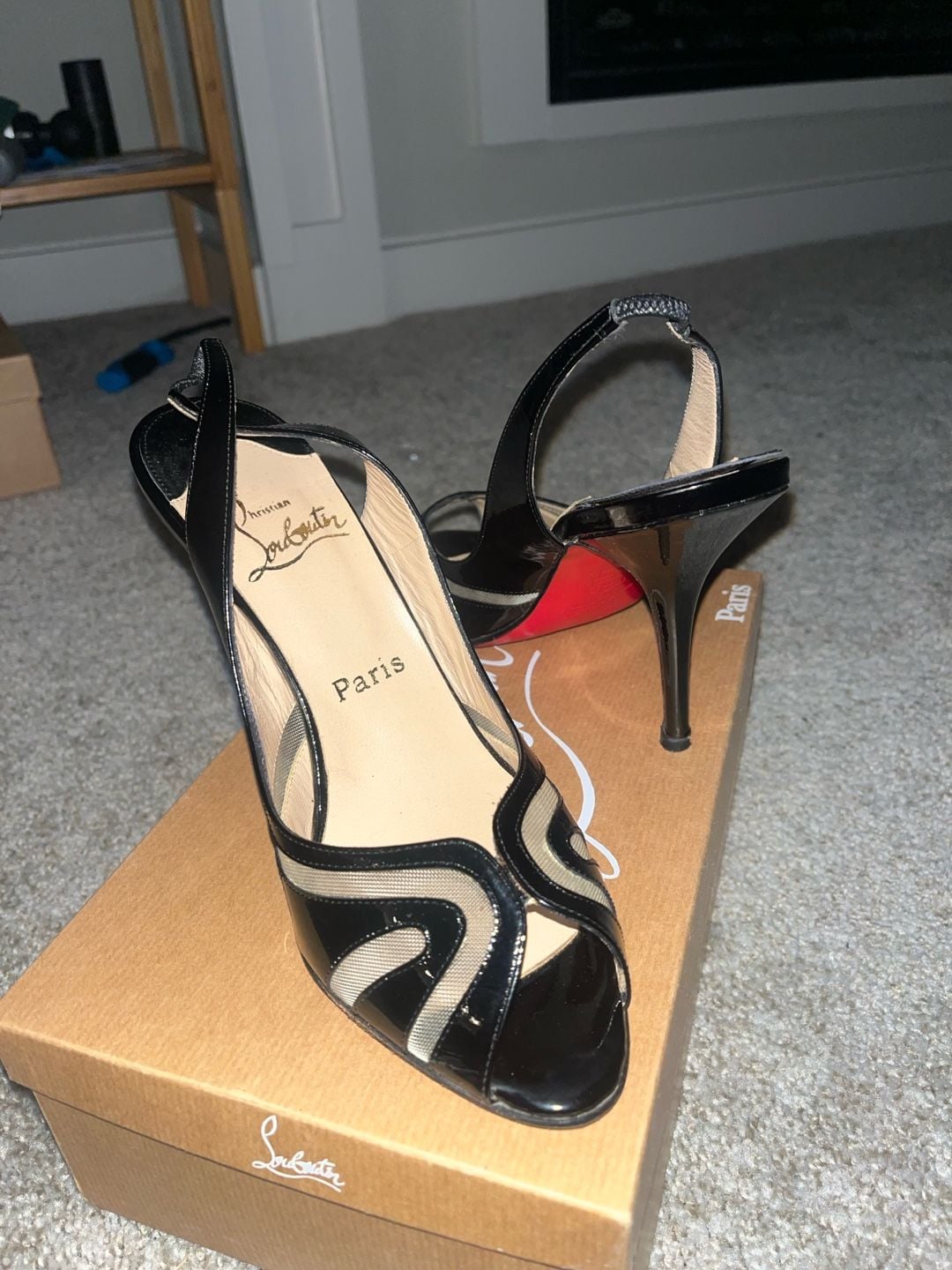 Christian Louboutin Altarita Vernice Nero Black Patent Leather Slingback Peep-Toe Pumps Size 39.5 4