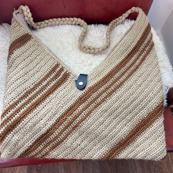 Handmade Striped Crochet Tote Bag Braided Strap Boho Artisan Knit Shoulder Bag