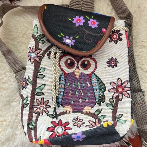 Owl Tapestry Mini Shoulder Bag Backpack Folk Art Boho Embroidered Canvas Purse