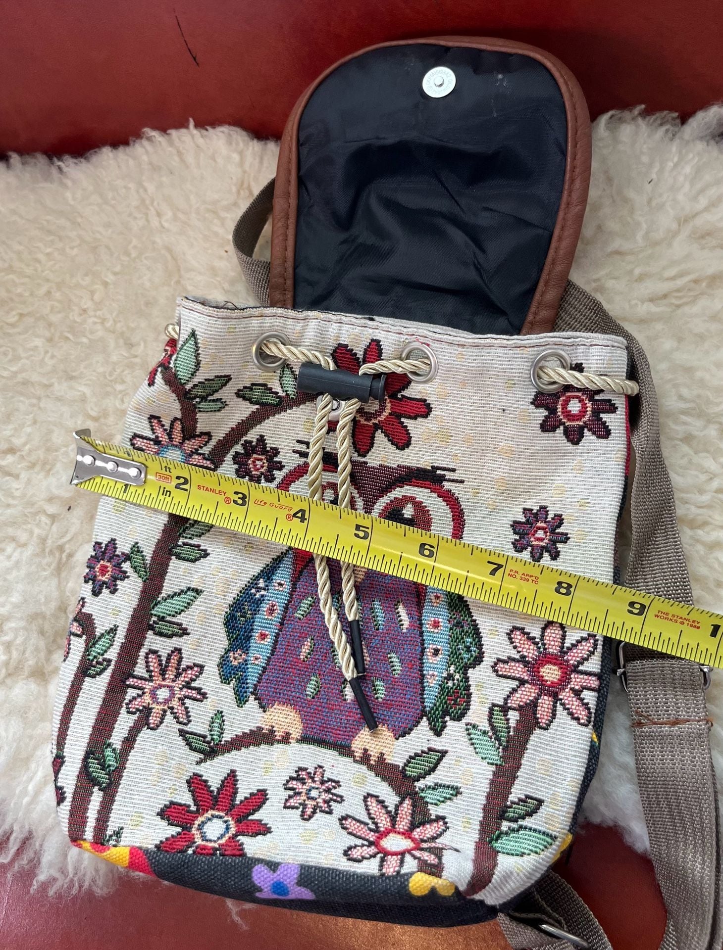 Owl Tapestry Mini Shoulder Bag Backpack Folk Art Boho Embroidered Canvas Purse 7