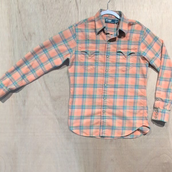 Polo by Ralph Lauren Plaid Pearl Snap Western Shirt Salmon Pink Blue