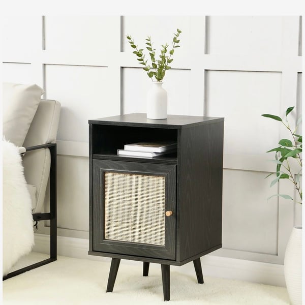 daals Frances Woven Rattan 1-Door Nightstand in Black