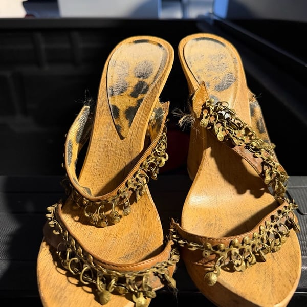 Roberto Cavalli Vintage Wooden Wedge Platform Sandals with Brass Bells and Coin Embellishments