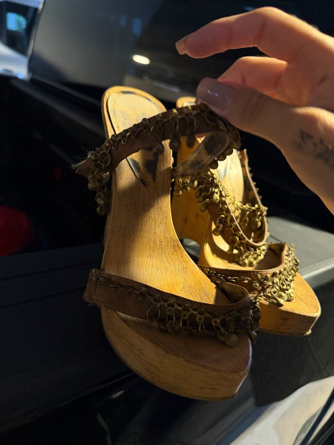 Roberto Cavalli Vintage Wooden Wedge Platform Sandals with Brass Bells and Coin Embellishments 8