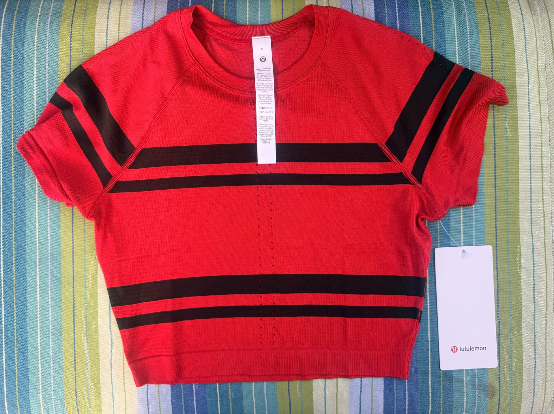 Lululemon Swiftly Tech Cropped Short-Sleeve Shirt 2.0 Stripe League Stripe Red Black Size 6 2