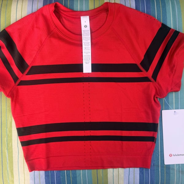 Lululemon Swiftly Tech Cropped Short-Sleeve Shirt 2.0 Stripe League Stripe Red Black Size 6