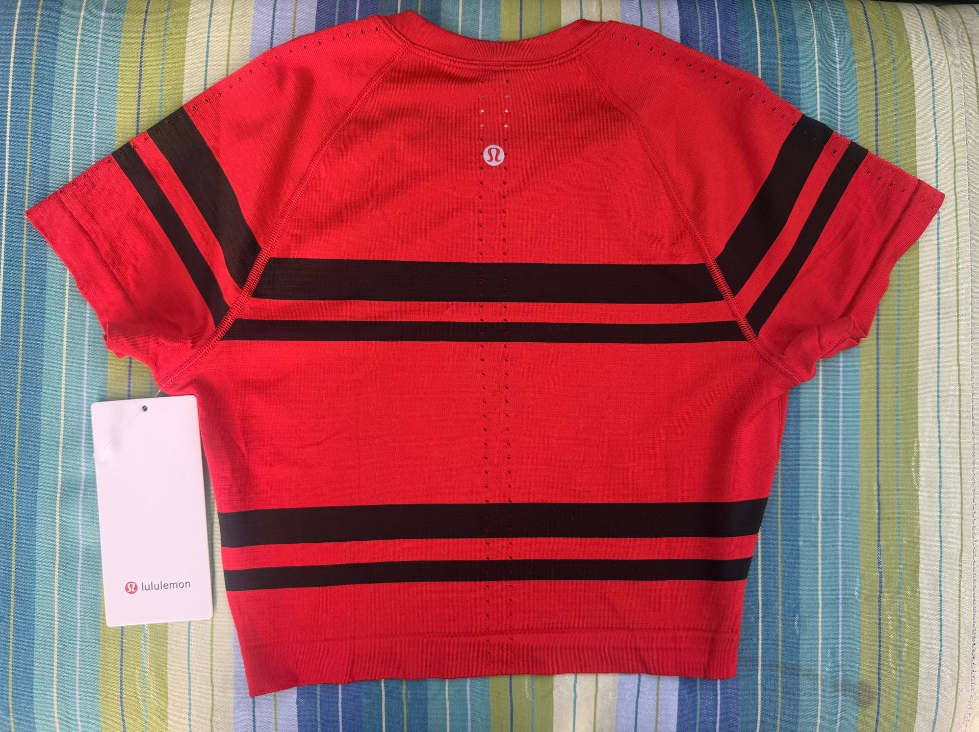 Lululemon Swiftly Tech Cropped Short-Sleeve Shirt 2.0 Stripe League Stripe Red Black Size 6 3