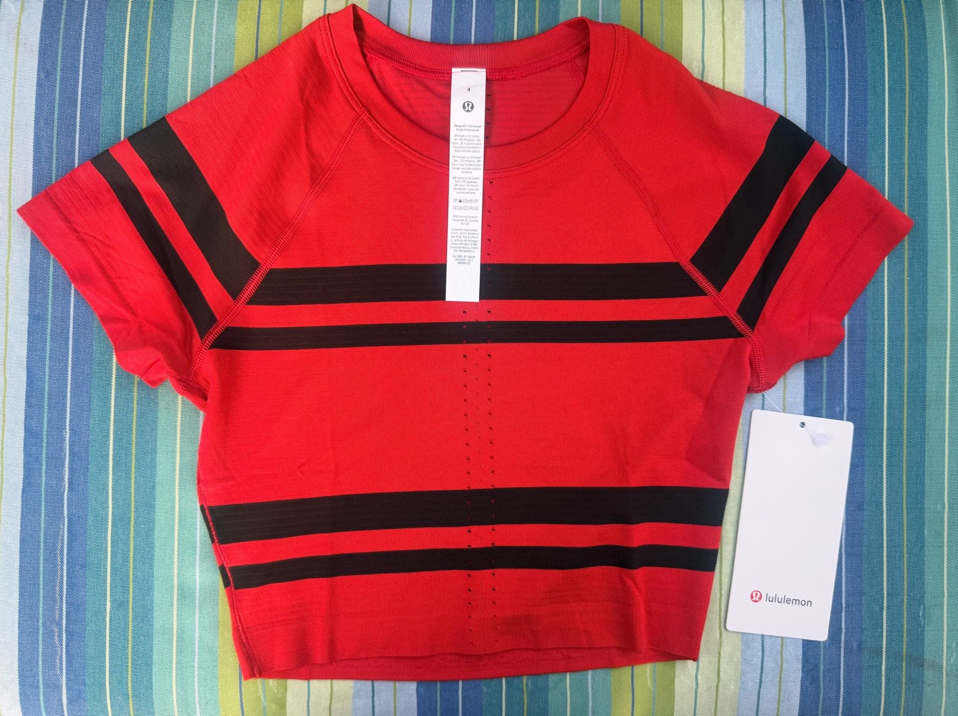 Lululemon Swiftly Tech Cropped Short-Sleeve Shirt 2.0 Stripe Red Black Size 4 2
