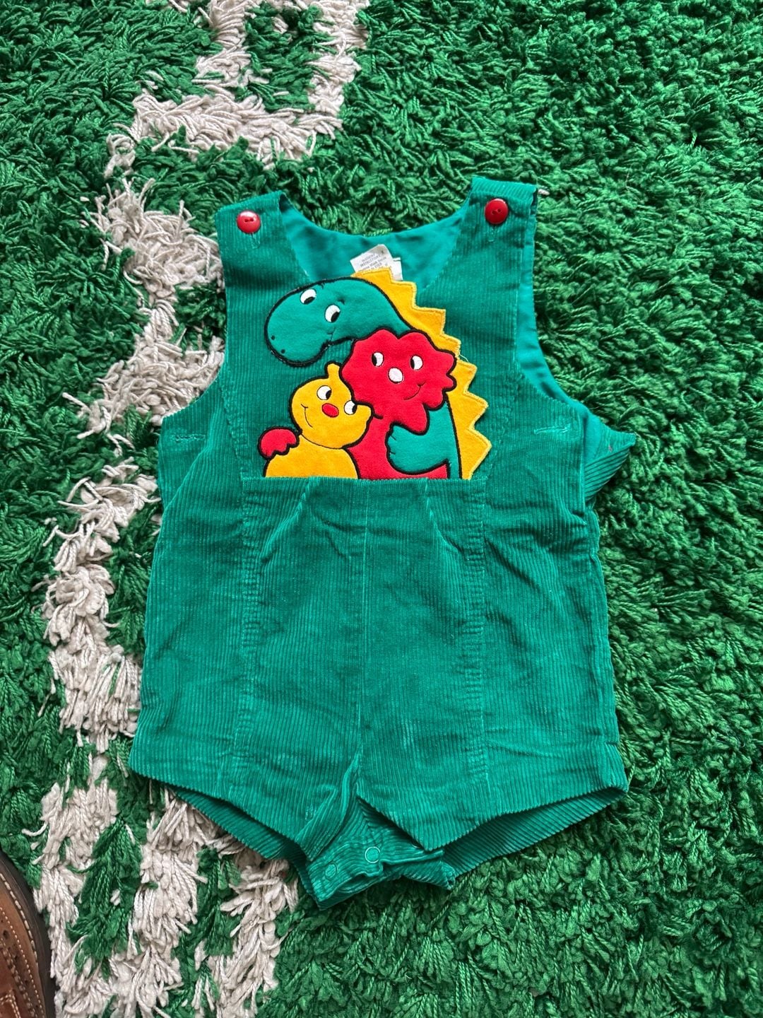Vintage 70’s Dinosaur Applique Corduroy Romper Green 18 Months 2
