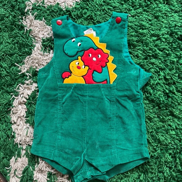Vintage 70’s Dinosaur Applique Corduroy Romper Green 18 Months