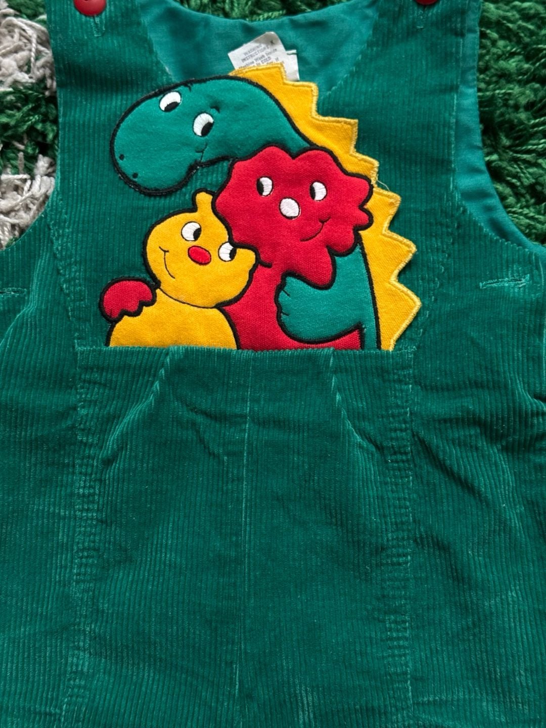 Vintage 70’s Dinosaur Applique Corduroy Romper Green 18 Months 3