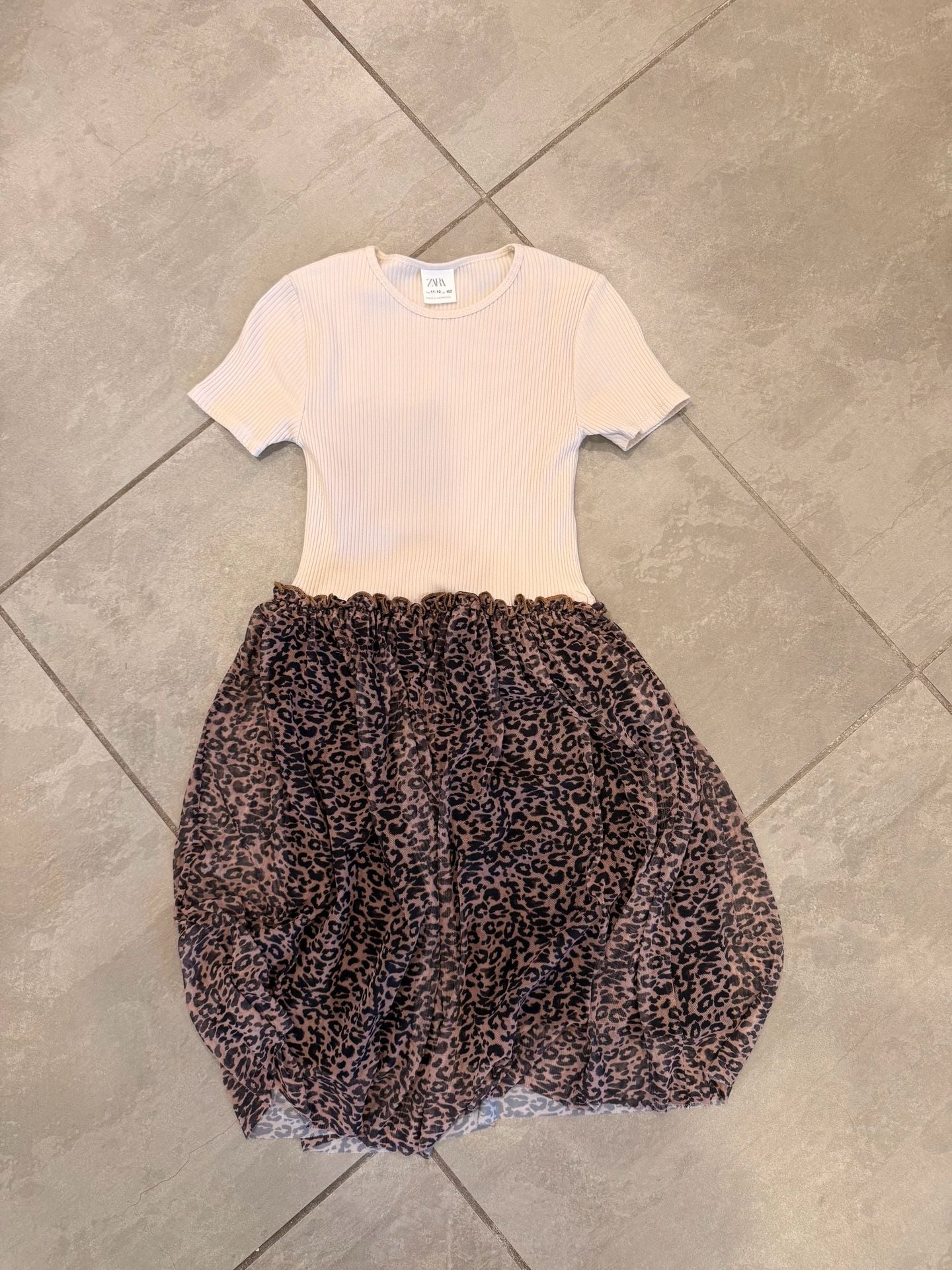 Zara Girls Ribbed Short Sleeve Top With Leopard Print Tulle Skirt Dress 1