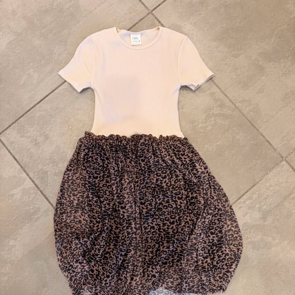 Zara Girls Ribbed Short Sleeve Top With Leopard Print Tulle Skirt Dress