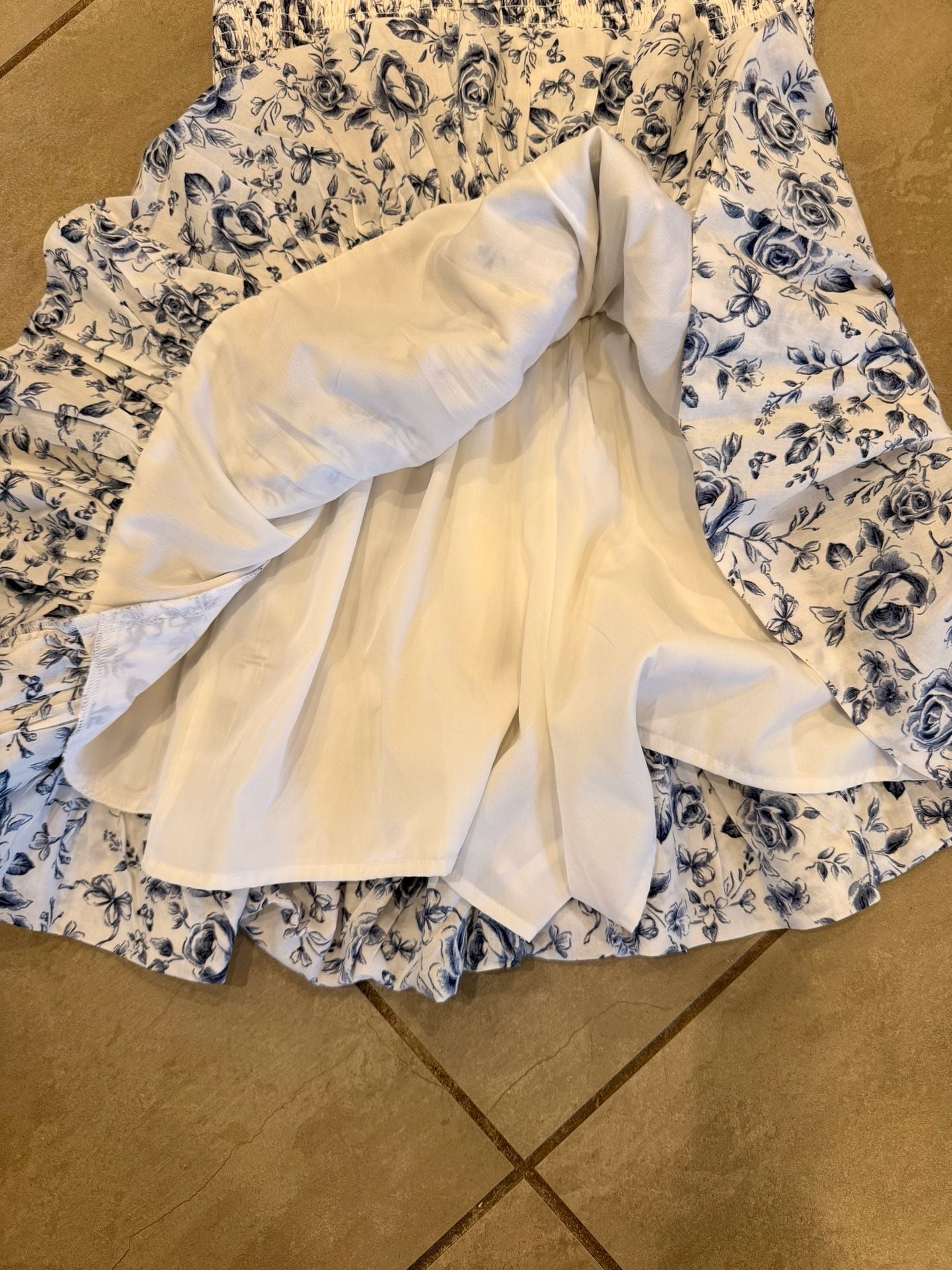 Hollister Blue and White Floral Shirred Bust Drop Waist Bubble Skort Dress 5