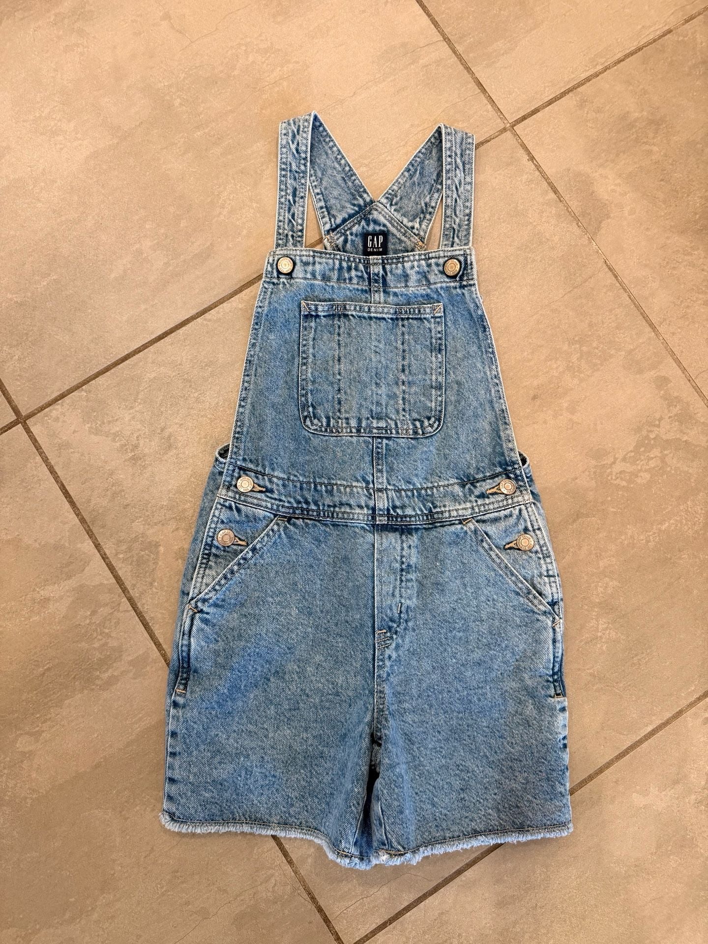 Gap Denim Light Wash Raw Hem Shortalls Overalls 2