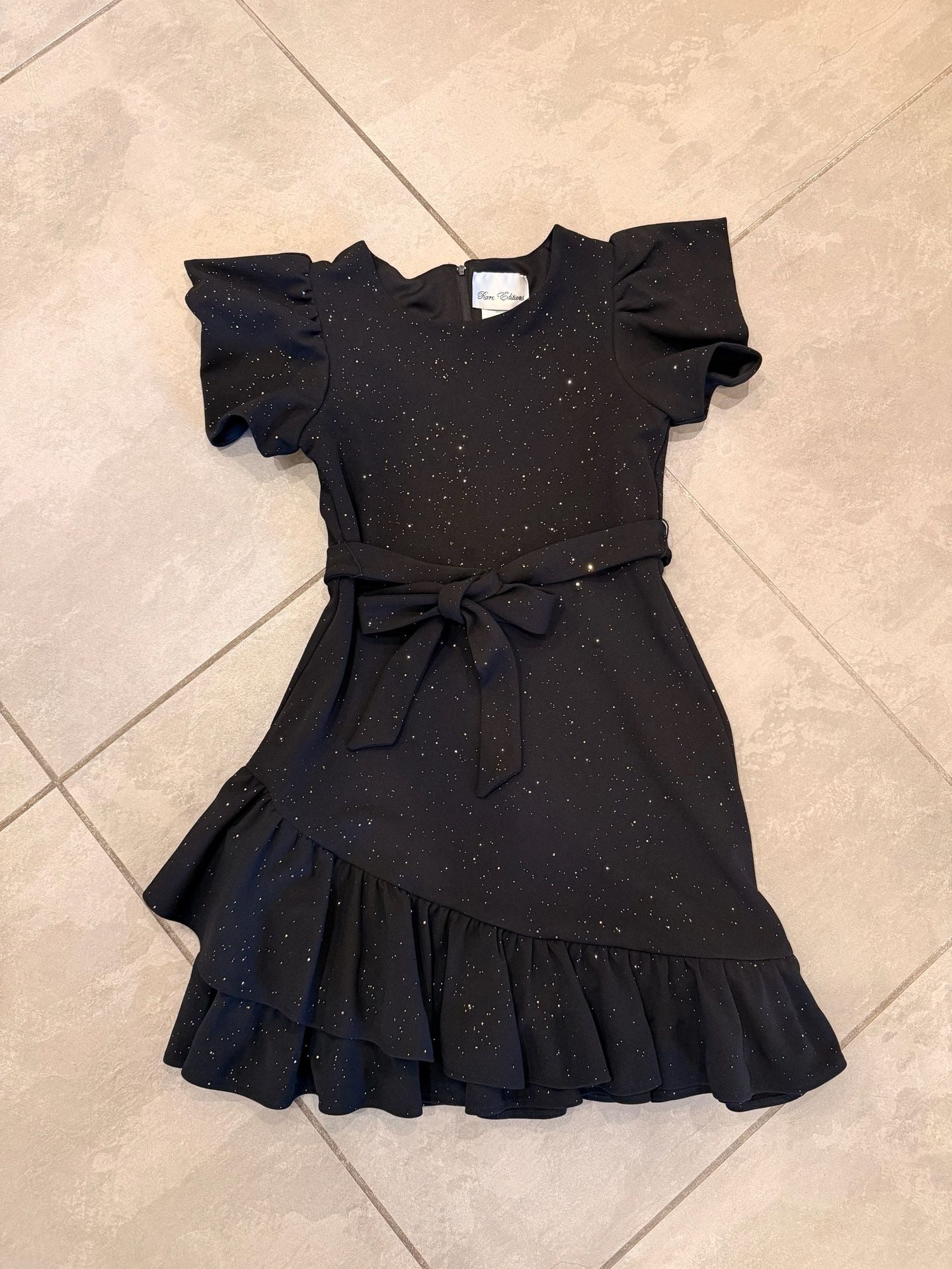 Rare Editions Black Glitter Shimmer Party Dress with Flutter Sleeves and Ruffle Hem Size 12 2