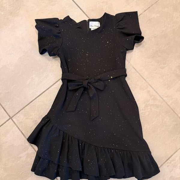 Rare Editions Black Glitter Shimmer Party Dress with Flutter Sleeves and Ruffle Hem Size 12