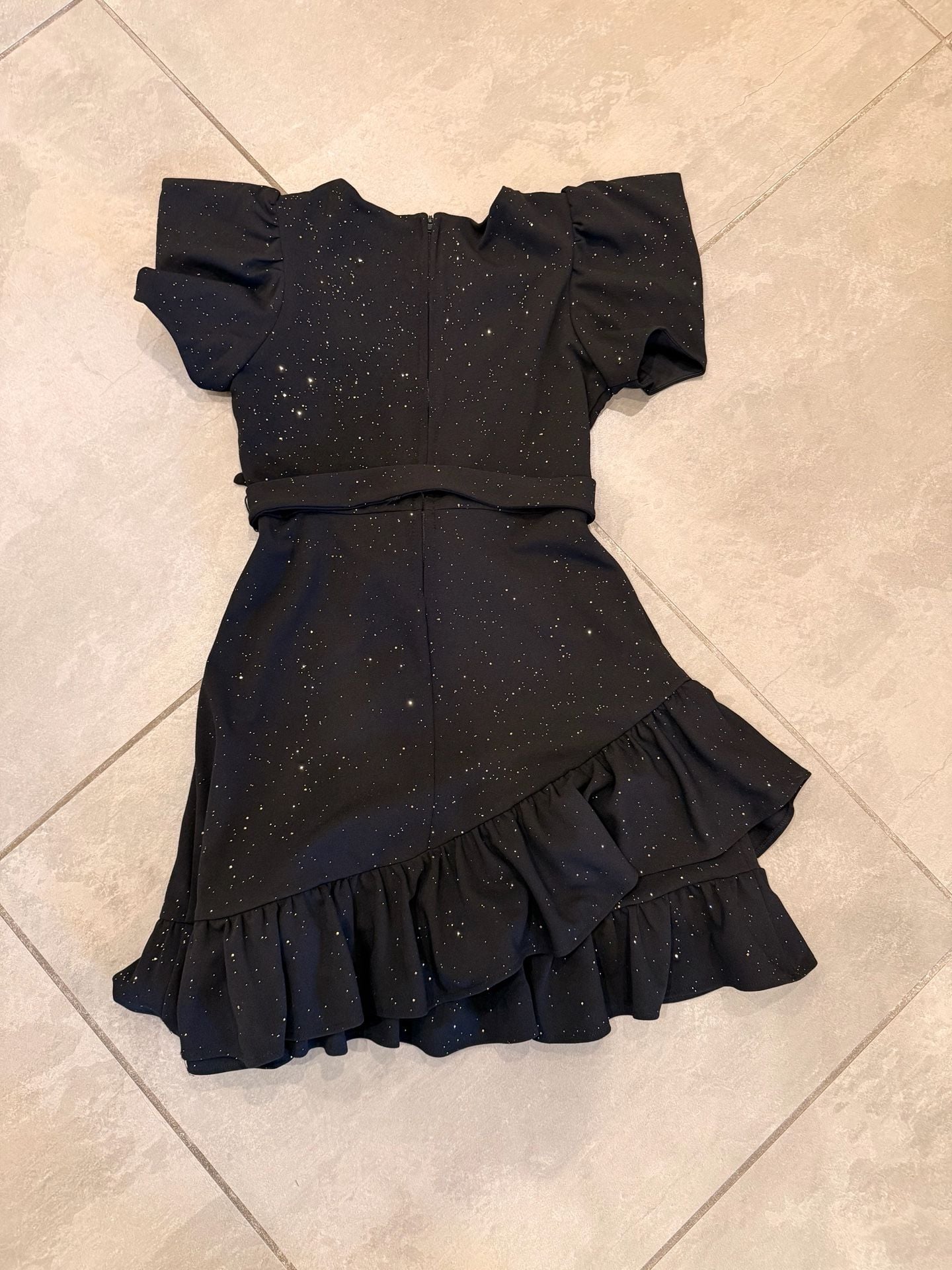 Rare Editions Black Glitter Shimmer Party Dress with Flutter Sleeves and Ruffle Hem Size 12 5