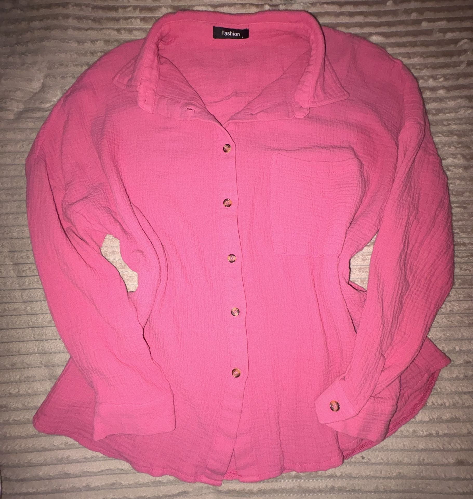 100% Cotton Fashion Pink Cotton Gauze Long Sleeve Button Down Shirt Size L 2