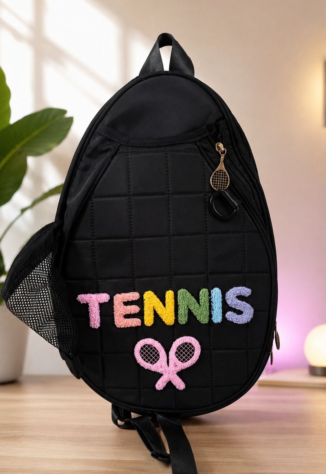 Bnf Quilted Black Tennis Racket Shoulder Bag Backpack with Colorful Chenille Letters 2