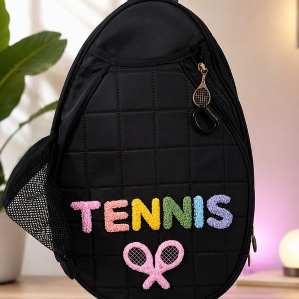 Bnf Quilted Black Tennis Racket Shoulder Bag Backpack with Colorful Chenille Letters