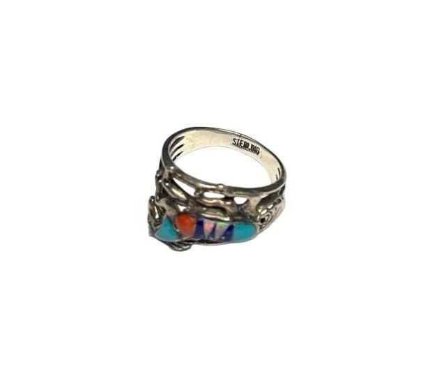 Vintage Southwestern Sterling Silver Multi-Stone Inlay Horse Ring  7 7