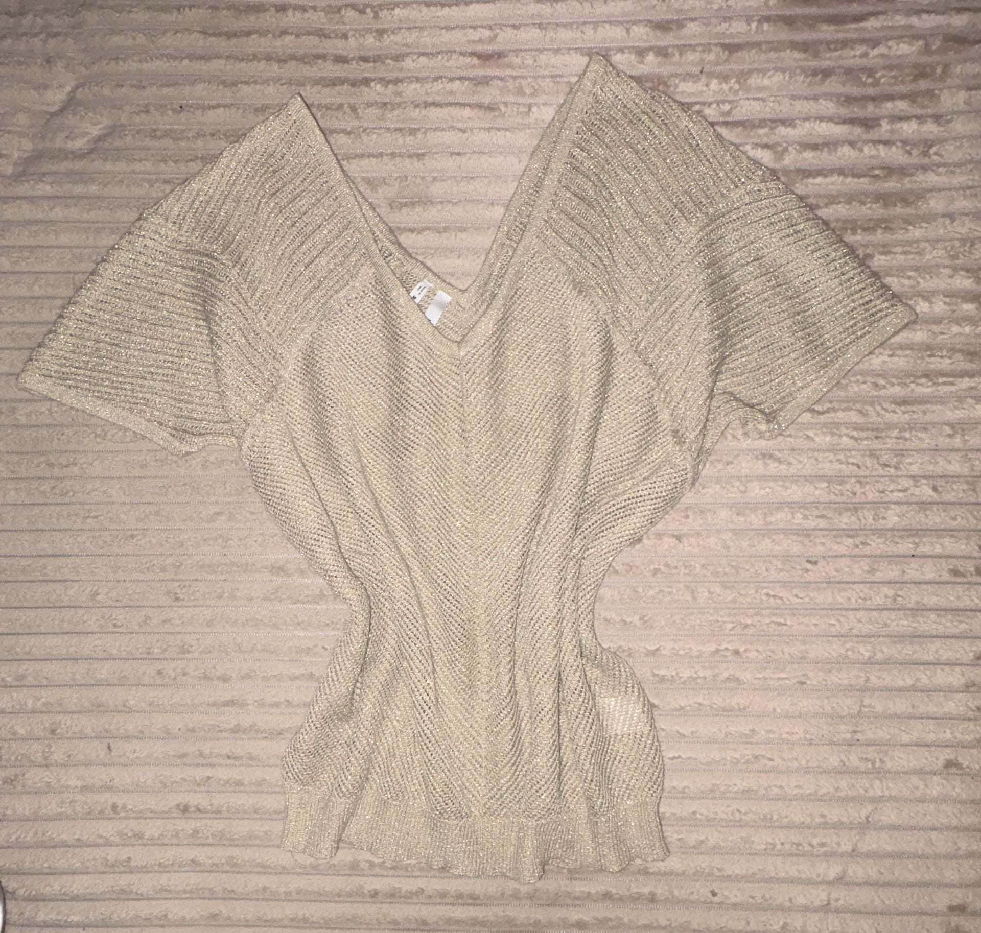 Y2K Studio Y Metallic Knit Sheer Short Sleeve V-Neck Top Beige Size M 3