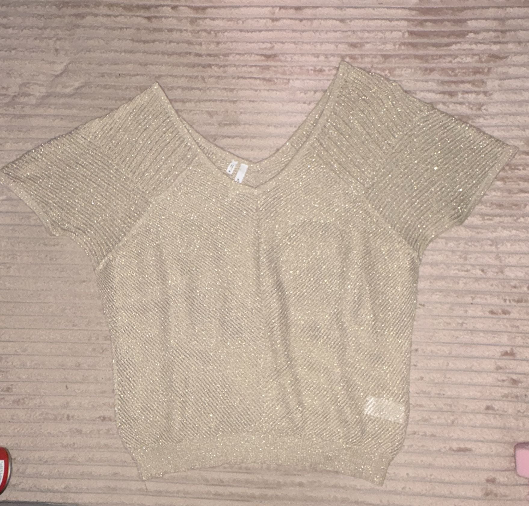 Y2K Studio Y Metallic Knit Sheer Short Sleeve V-Neck Top Beige Size M 4