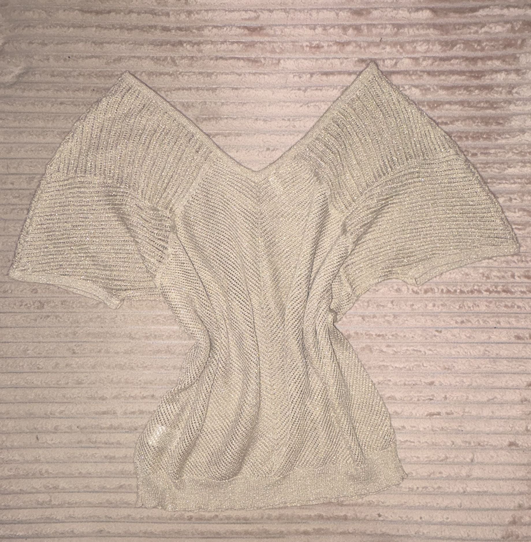 Y2K Studio Y Metallic Knit Sheer Short Sleeve V-Neck Top Beige Size M 7
