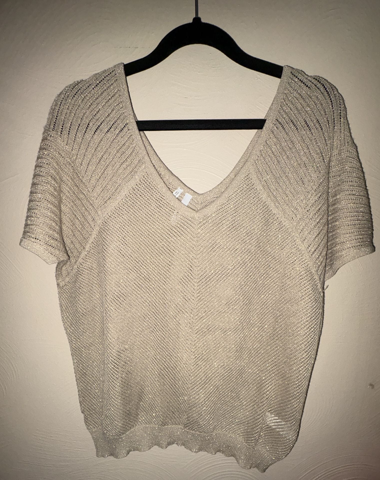 Y2K Studio Y Metallic Knit Sheer Short Sleeve V-Neck Top Beige Size M 2