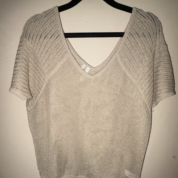 Y2K Studio Y Metallic Knit Sheer Short Sleeve V-Neck Top Beige Size M