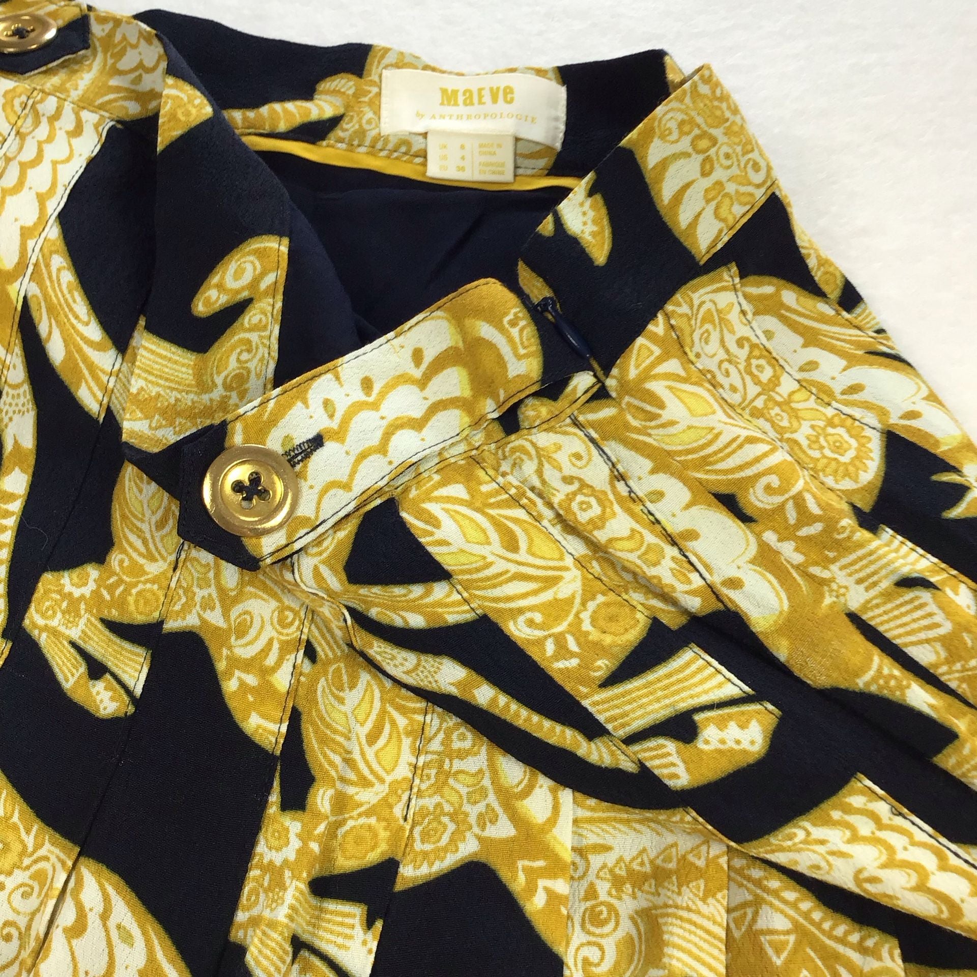 Maeve by Anthropologie Jade Golden Horses Blue Pleated Midi Skirt Sz 4 10