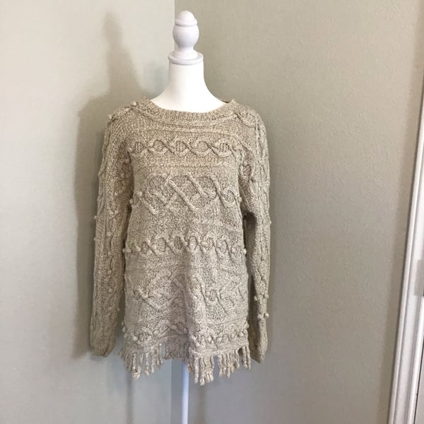 Express Tricot  Vintage Hand knit Beige Chunky Cable  Fringe Boho Sweater Large