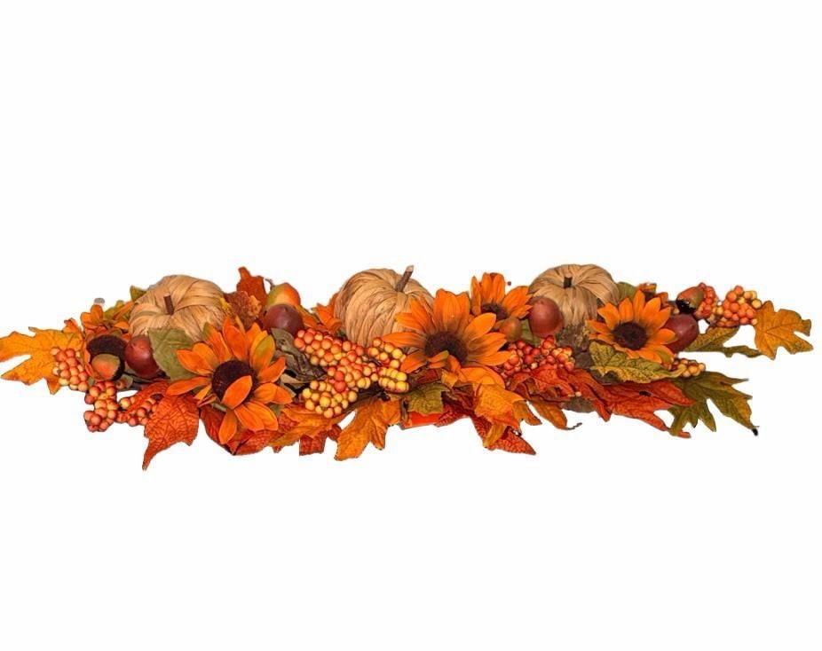 Fall Harvest Table Centerpiece with Pumpkins, Sunflowers, and Maple Leaves 35”Long X 10” wide 1