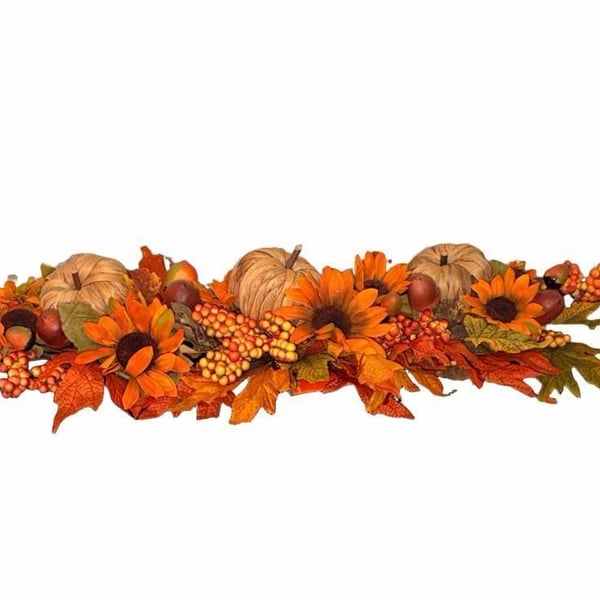 Fall Harvest Table Centerpiece with Pumpkins, Sunflowers, and Maple Leaves 35”Long X 10” wide