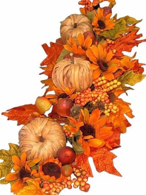 Fall Harvest Table Centerpiece with Pumpkins, Sunflowers, and Maple Leaves 35”Long X 10” wide 2