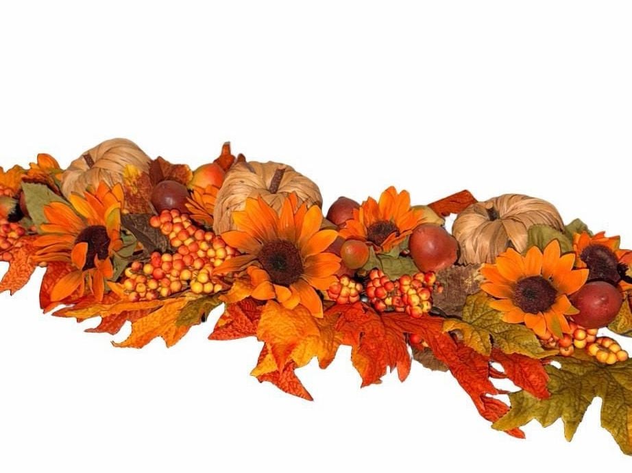 Fall Harvest Table Centerpiece with Pumpkins, Sunflowers, and Maple Leaves 35”Long X 10” wide 4